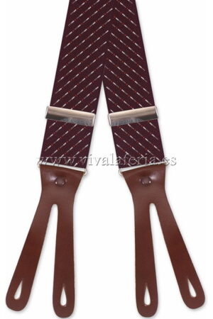 Adult burgundy suspenders with leather catch for buttons