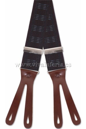 Brown smooth elastic adult suspender with blue leather button terminal details