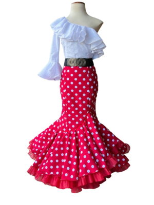 Falda Flamenca Estampada modelo Alegría color rojo con lunares