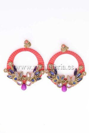 Pendientes bisutería flamenca de aro coral con piedras malvas