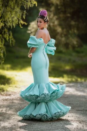 Malagueña model flamenco dress in aqua green color