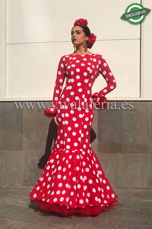 Traje de flamenca barato rojo lunar blanco modelo Reina