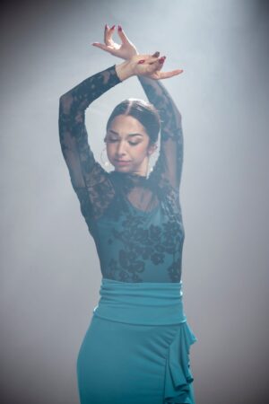 プリント伸縮性チュールミストトップ