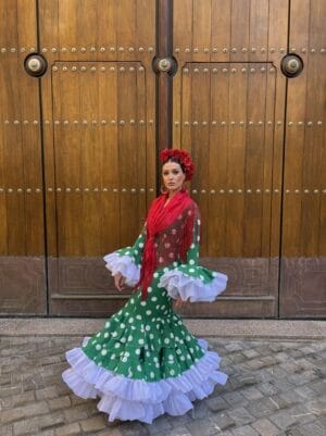 Traje de Flamenca Verde Lunar Blanco Modelo Andalucía | Colección Viva La Feria