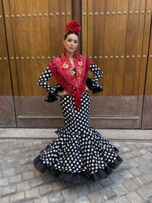 Traje de Gitana Barato – Emperatriz Negro Lunar Blanco | Colección Viva la Feria 2025